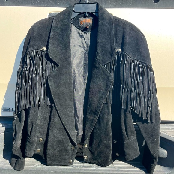 VINTAGE western style fringe black suede leather 90’s coat - Picture 3 of 16